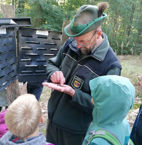 Ein Förster zeigt Kindern den Wald